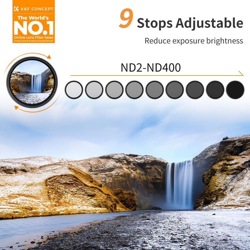 K&F CONCEPT 82mm Variable ND2-ND400 ND Lens Filter (1-9 Stops) for Camera Lens, Adjustable Neutral Density Filter with Microfiber Cleaning Cloth (B-Series) - Image 2